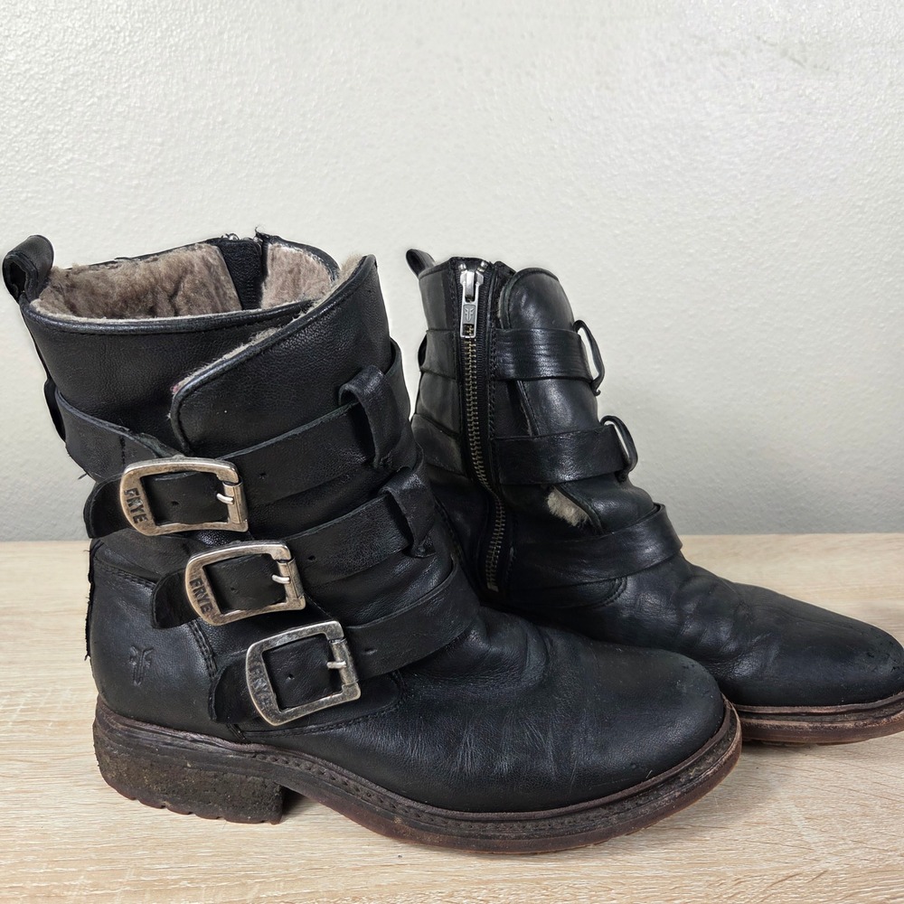 Frye Veronica Triple Buckle Shearling Boots Black Leather Women's Size 8
